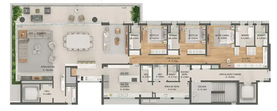 Planta de residência com três suítes e home office
