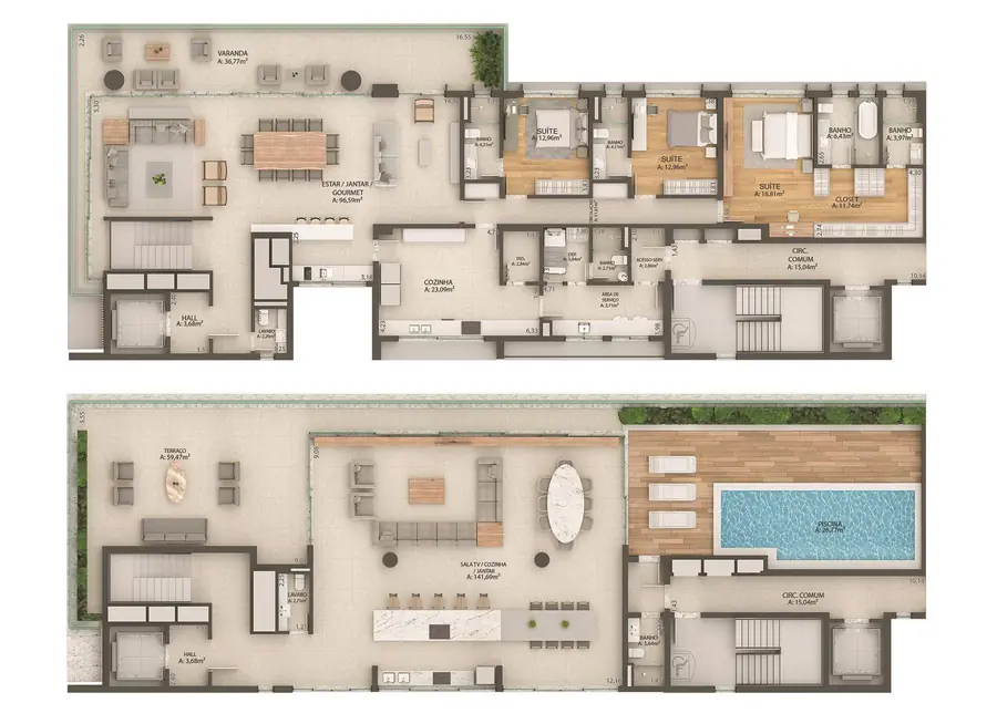 Coberturas duplex, planta dos dois pavimentos, Bela Vista, Porto Alegre